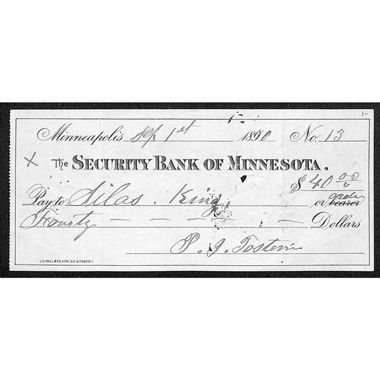 Minneapolis "Security Bank of Minnesota" $40 Bank Check 1890 - Scarce