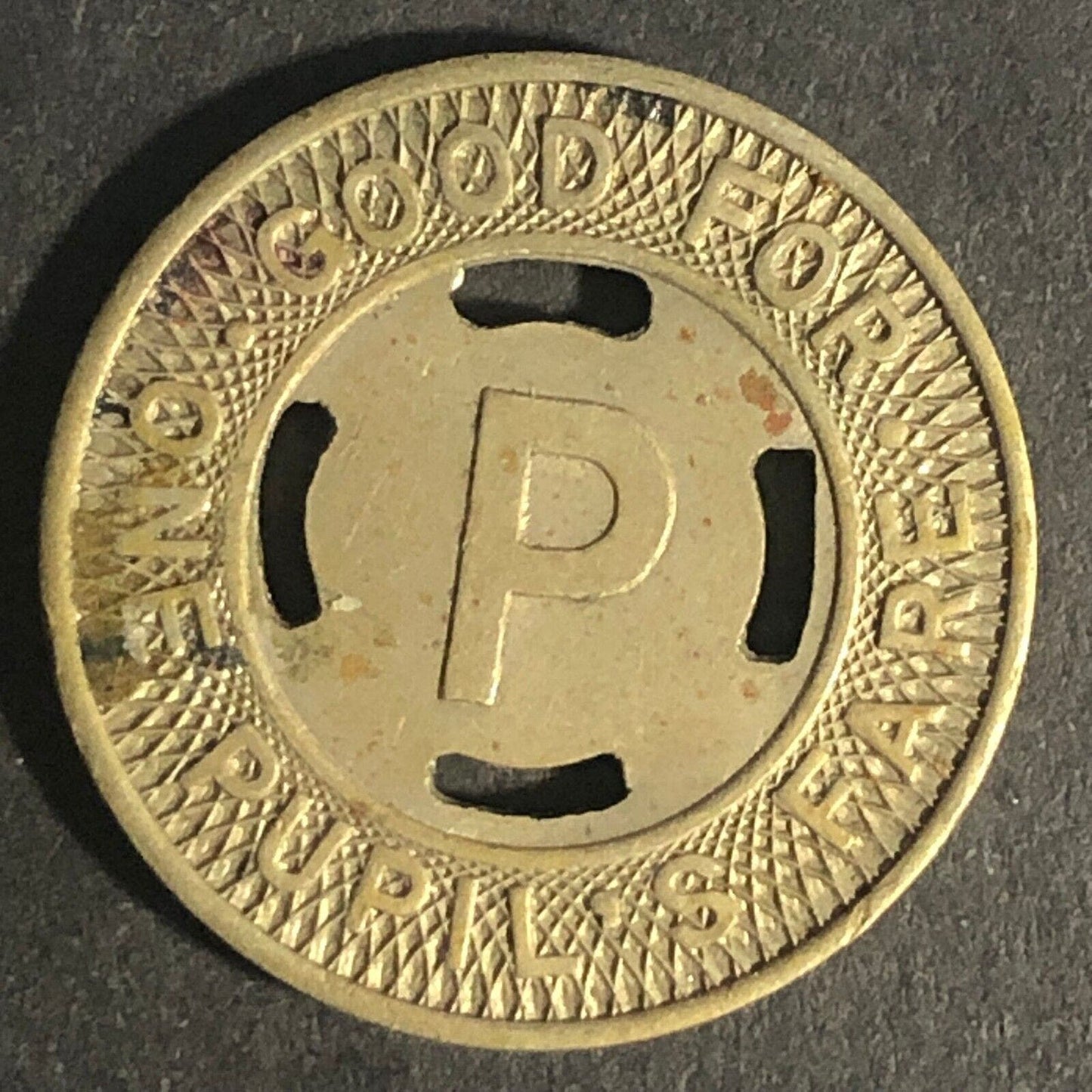 Fitchburg & Leominster (MA) "P" G/F One Pupil's Fare Brass Transit Token 22mm