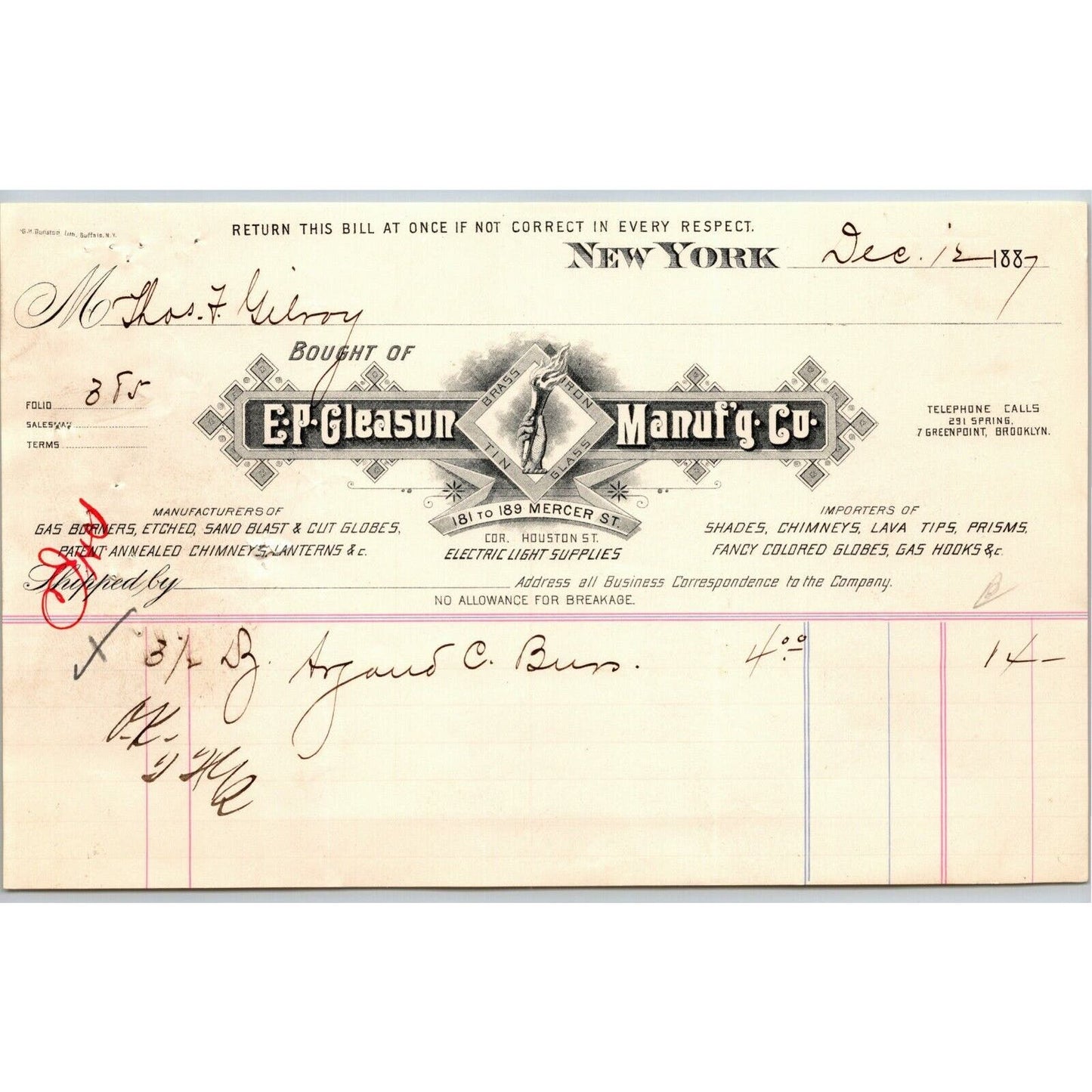 Dec 12 1887 "E. P. Gleason" Cut Glass Globes Billhead Letterhead Mercer St NYC
