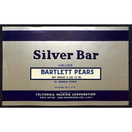 1940 Paper Can Label Silver Bar Brand Bartlett Pears - California Packing