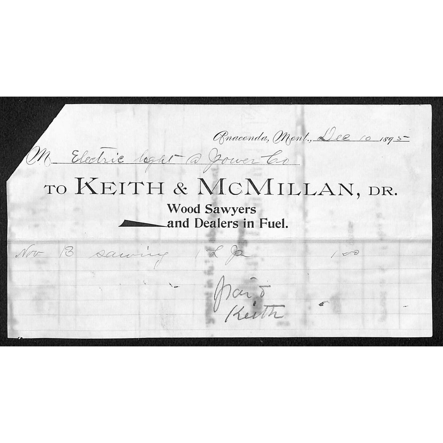 Anaconda, MT Keith & McMillan Wood Sawyers & Fuel Dealers Dec. 10 1895 Billhead