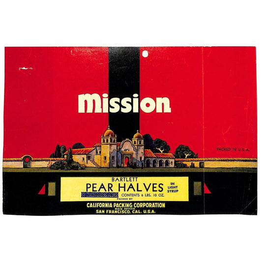 1950 Paper Fruit Can Label Mission Brand Bartlett Pear Light Syrup - Scarce