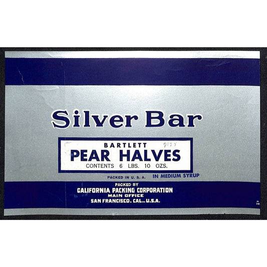 1941 Paper Can Label Silver Bar Brand Bartlett Pear Halves - California Packing