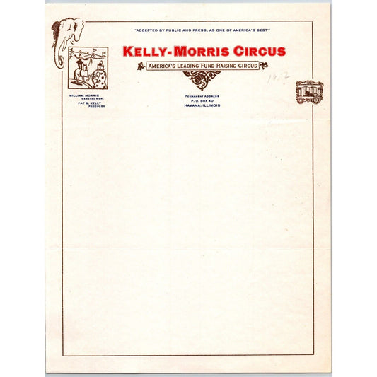 Kelly Morris "America's Leading Fund Raising Circus" Letterhead c1952 Scarce
