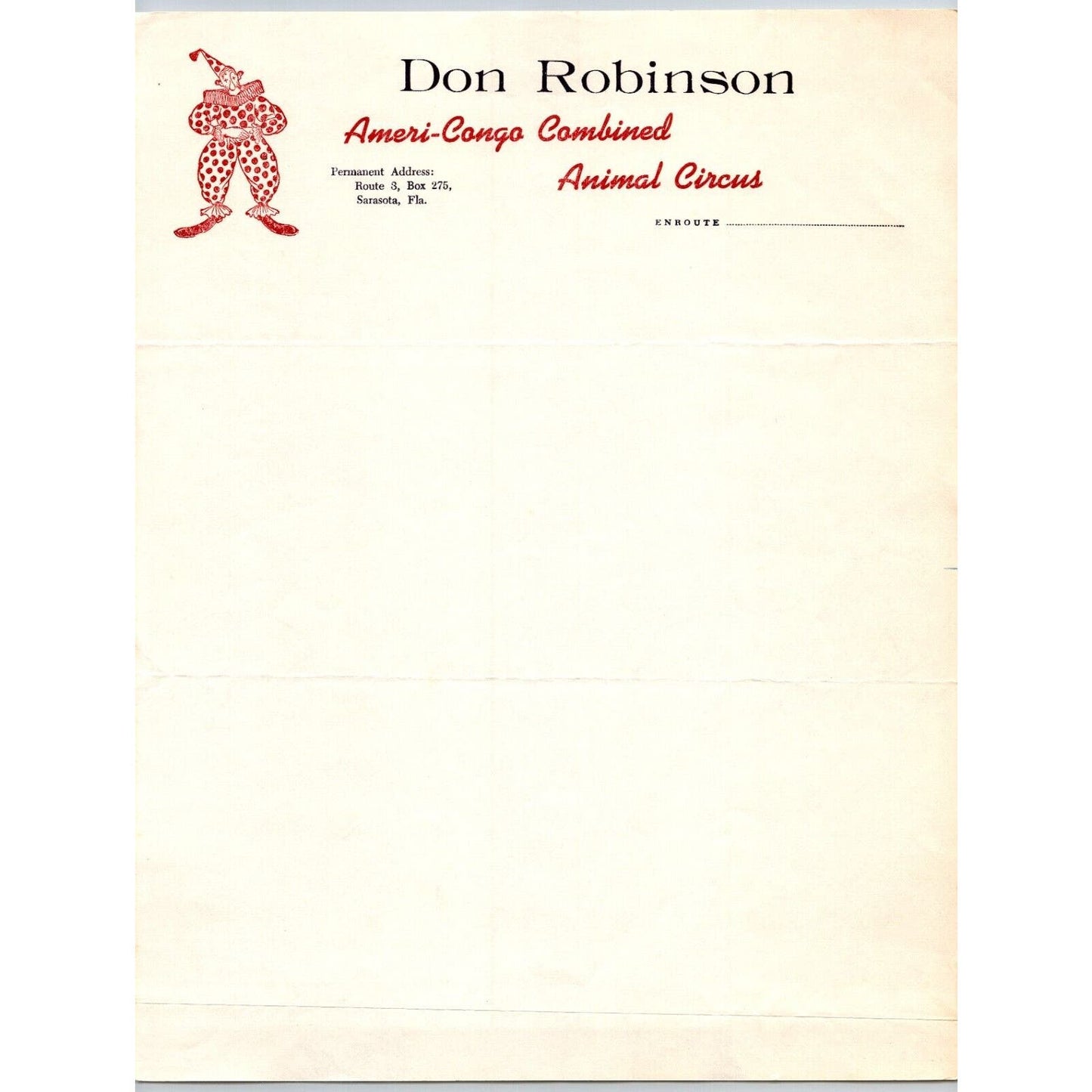 Don Robinson Ameri-Congo Combined Animal Circus Letterhead c1957 Clown Scarce