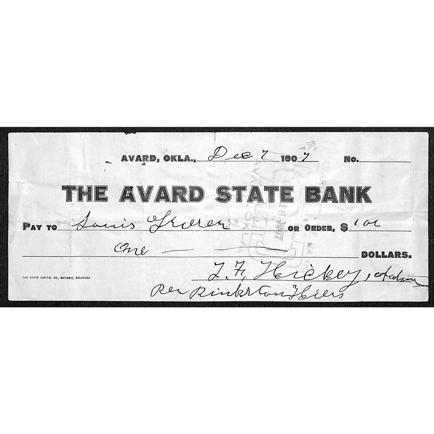 Avard, OK 1907 "Avard State Bank" Check - Scarce