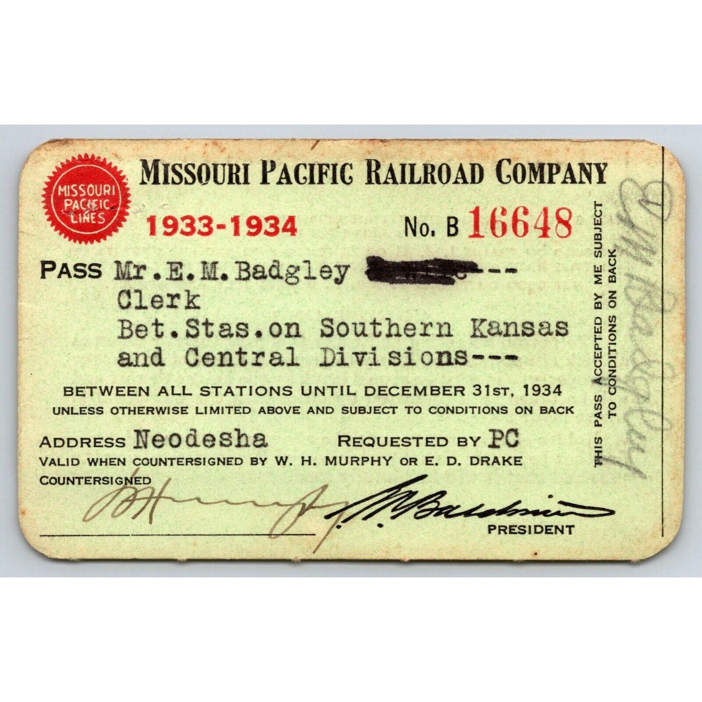 Missouri Pacific Railroad 1933-34 Yearly Pass Employee #16648