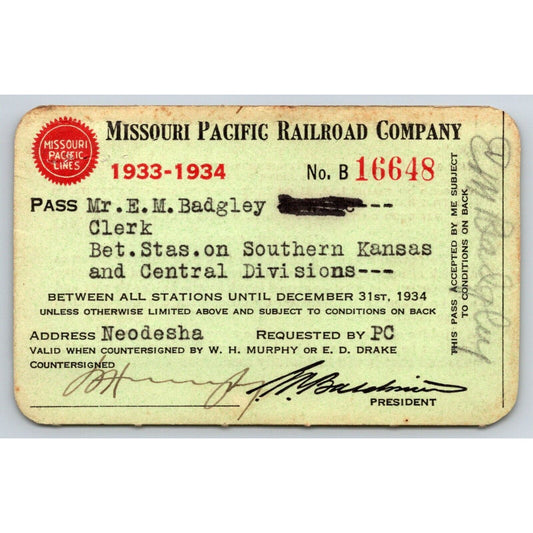 Missouri Pacific Railroad 1933-34 Yearly Pass Employee #16648