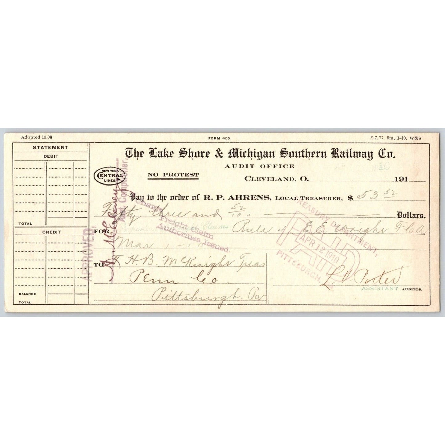 Lake Shore & Michigan Southern Railway Railroad 1910 Bank Check