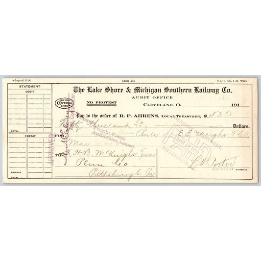 Lake Shore & Michigan Southern Railway Railroad 1910 Bank Check