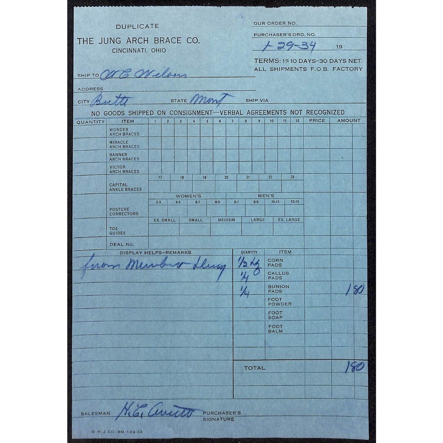 Jung Arch Brace Co, Butte Montana - 1934 Billhead Letterhead Wilson Drug