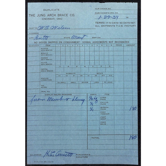Jung Arch Brace Co, Butte Montana - 1934 Billhead Letterhead Wilson Drug