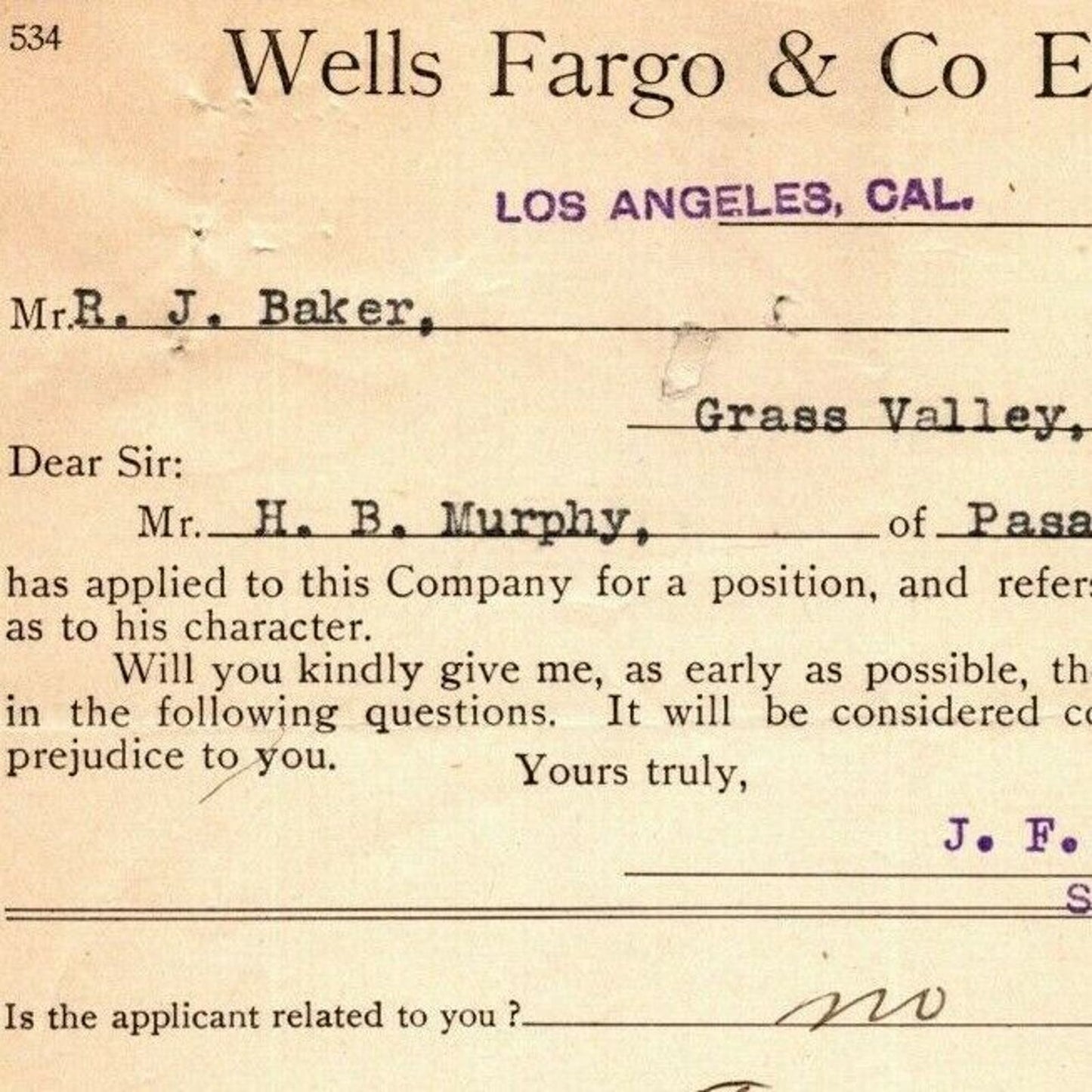 1913 Wells Fargo Express Employment Reference / Testimony Form Grass Valley, ORE