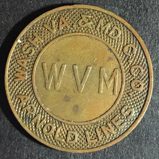 Arnold Lines Wash, VA. & Md. C. Co. "WVM" Brass G/F One Fare Transit Token 23mm