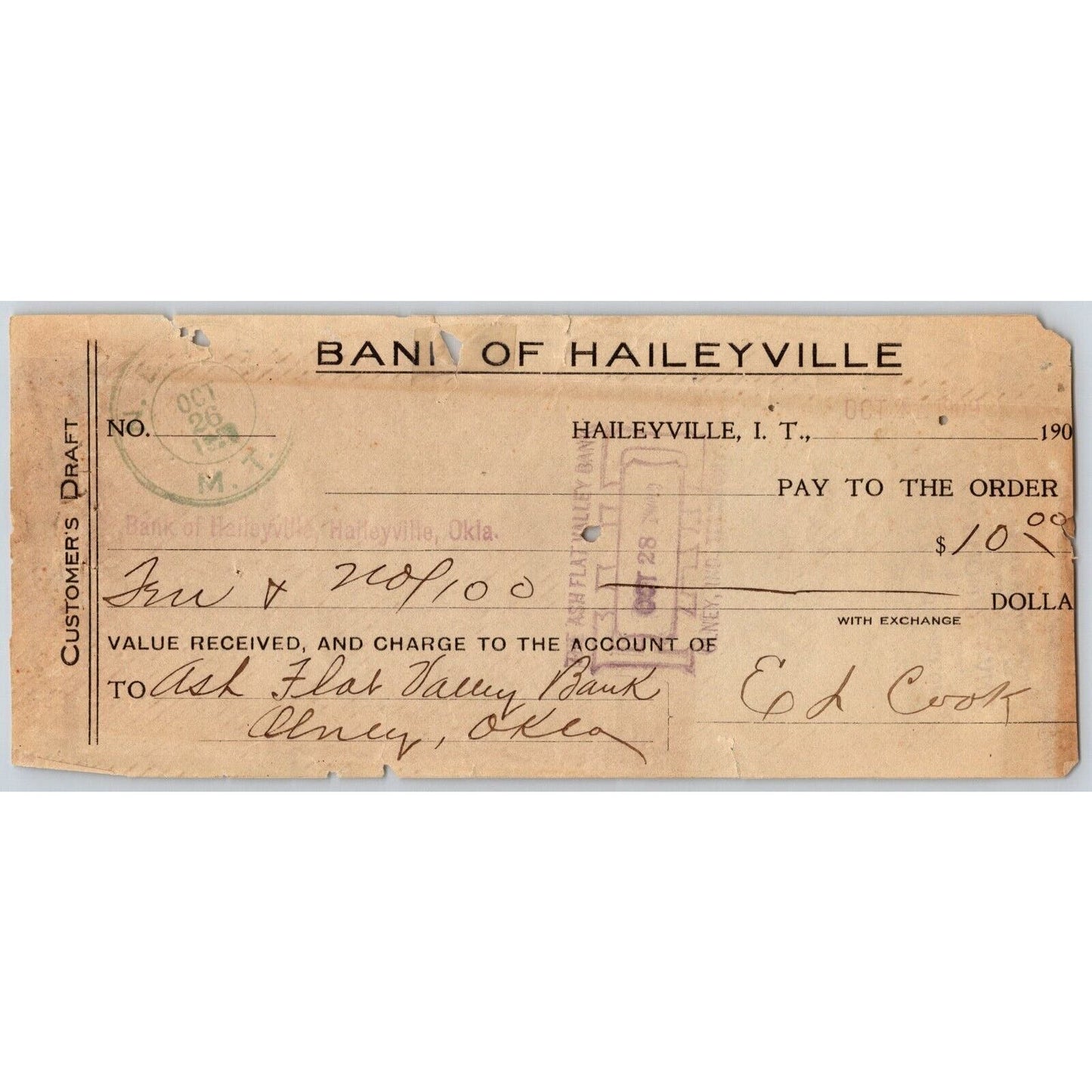 Haileyville Oklahoma Indian Territory 190? Bank Check - Scarce