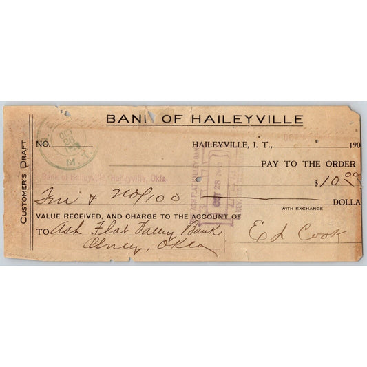 Haileyville Oklahoma Indian Territory 190? Bank Check - Scarce