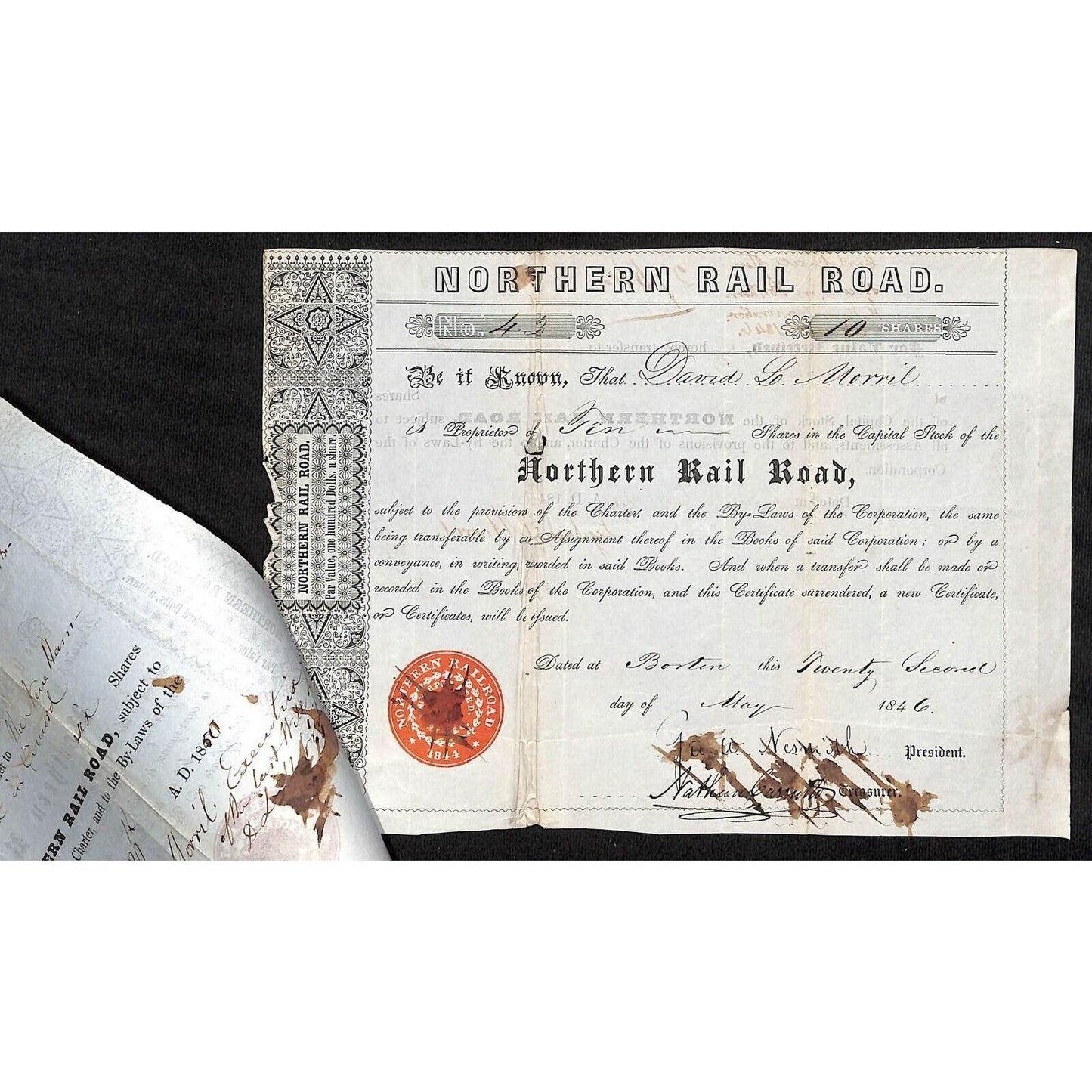 1846 & 1848 Northern R.R. Stock Certificates "David L. Morril" NH Gov. (1824-27)