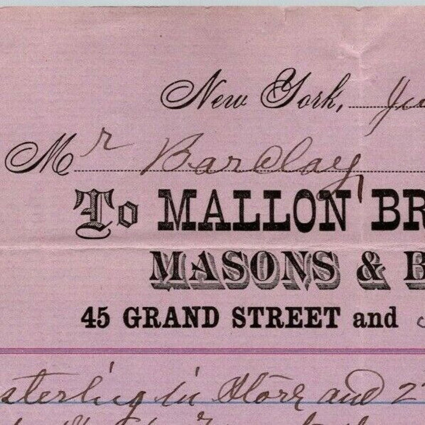 1888 Mallon Brothers Masons Letterhead Billhead Grand St & W 51st St NYC