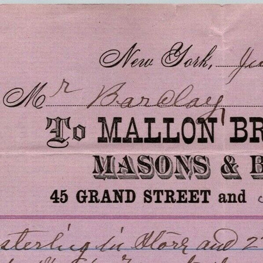 1888 Mallon Brothers Masons Letterhead Billhead Grand St & W 51st St NYC