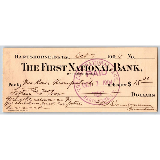 Hartshorne, OK Indian Territory 1904 $15 FNB Bank Check VGC Scarce