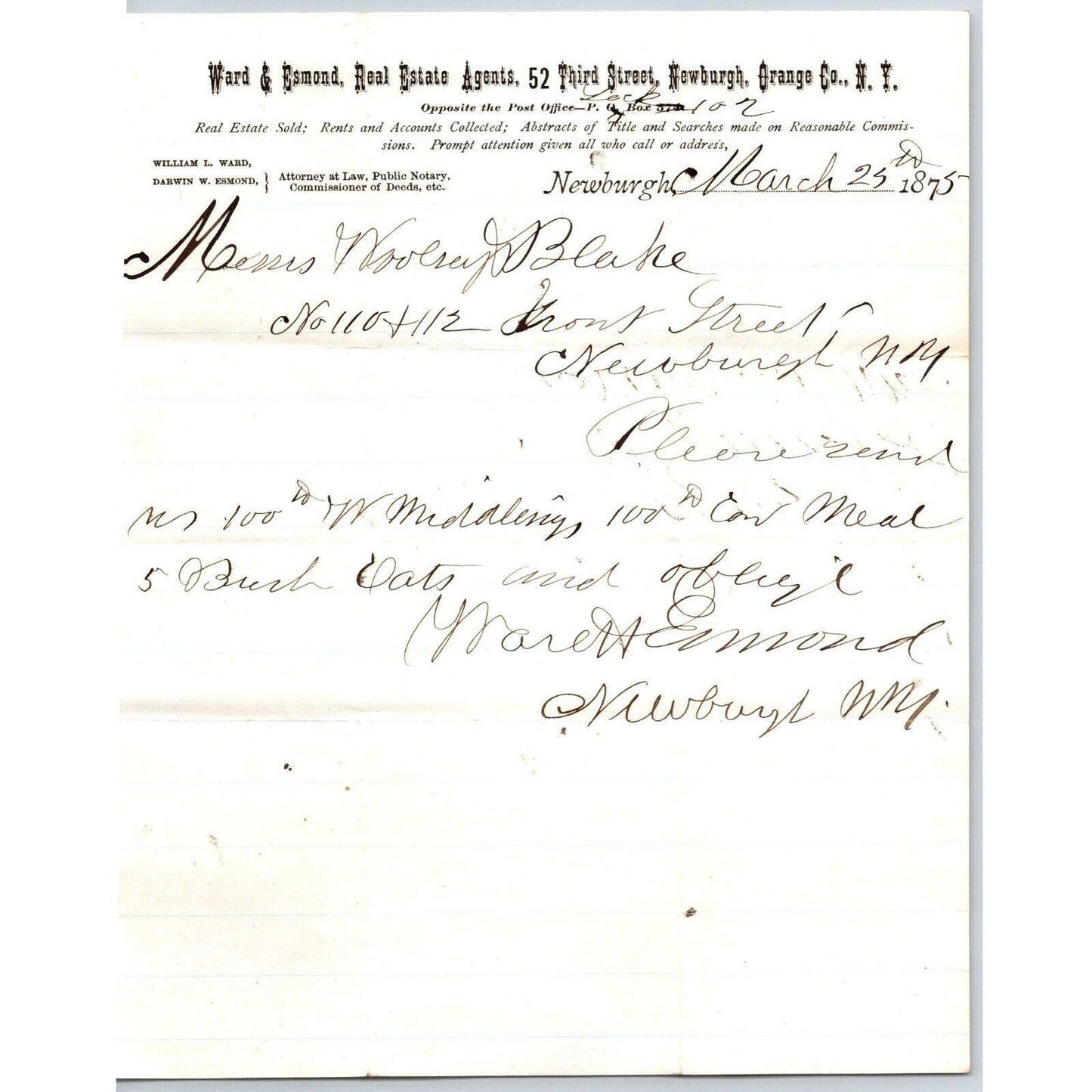 Newburgh, NY Ward & Esmond Real Estate Agents 1875 Letterhead VGC