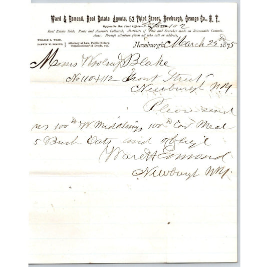 Newburgh, NY Ward & Esmond Real Estate Agents 1875 Letterhead VGC