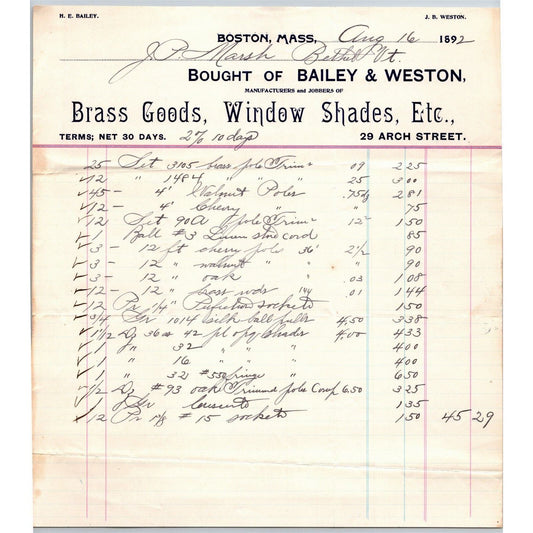 Boston, MA Bailey & Weston Brass Goods 1892 Billhead JP Marsh Bethel, VT Scarce