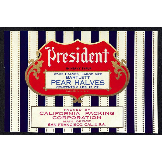 1940 Paper Can Label President Brand Large Size Pear Halves 6 Lbs. VGC - Scarce