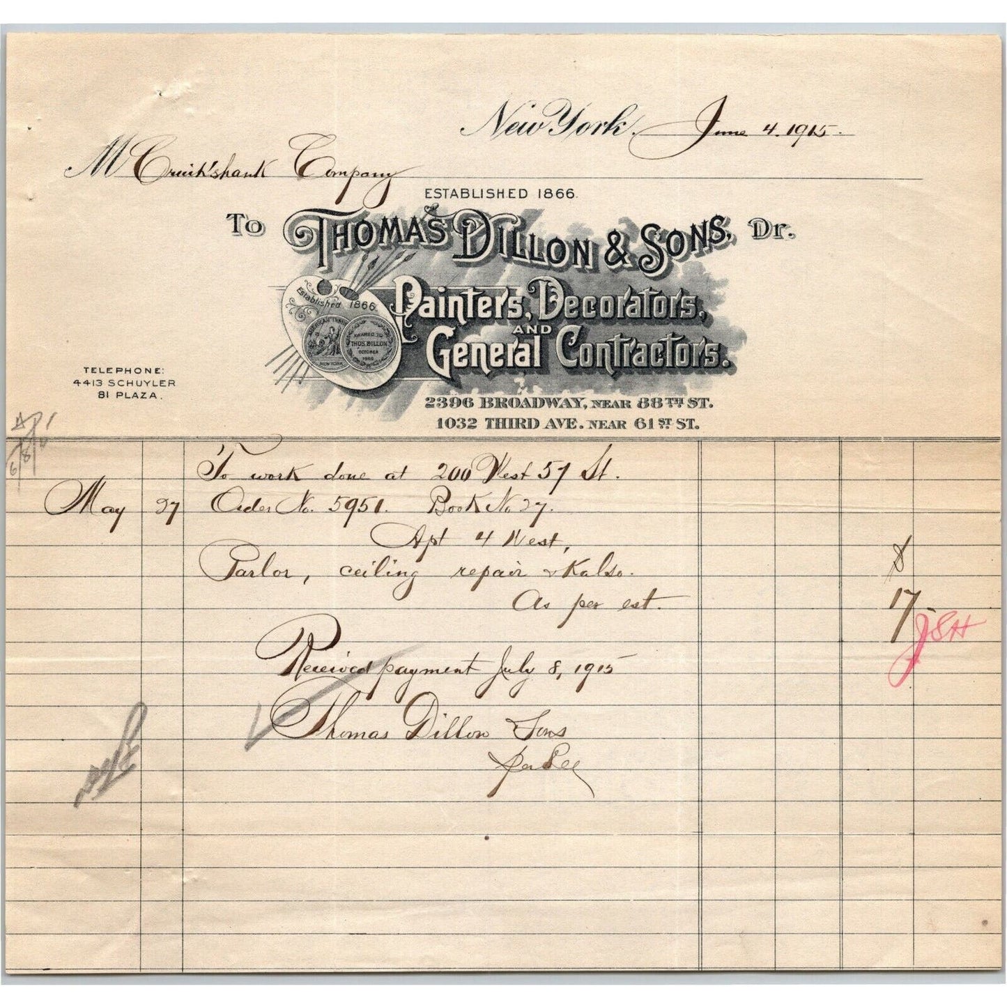 1915 Thomas Dillon & Sons Painters Decorators Billhead Letterhead Broadway NYC