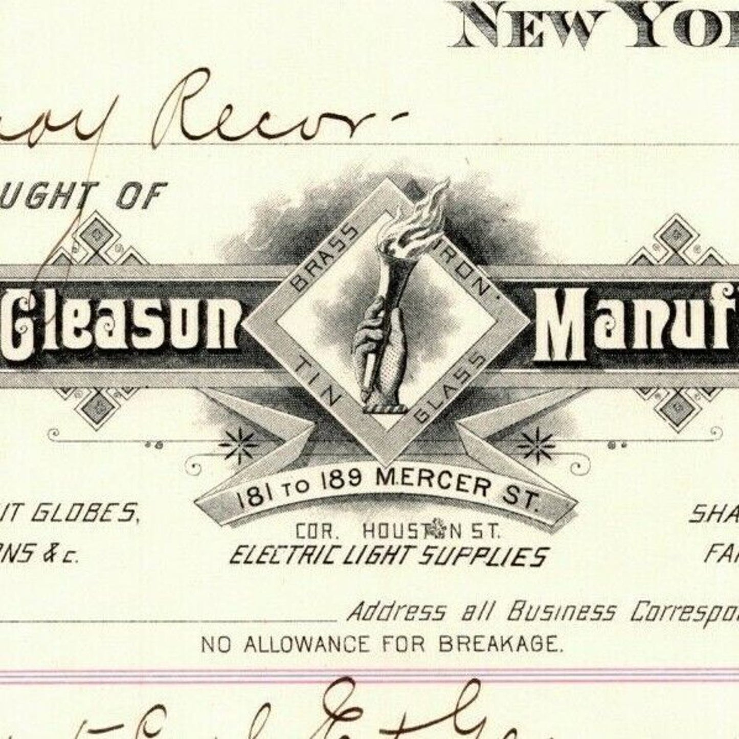 Dec 1 1887 "E. P. Gleason" Cut Glass Globes Billhead Letterhead Mercer St NYC