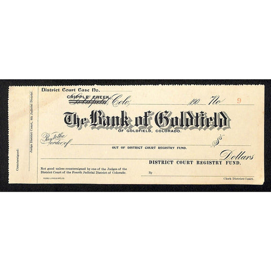 Bank of Cripple Creek / Goldfield, CO 1900 - 190? Unused Bank Check #9