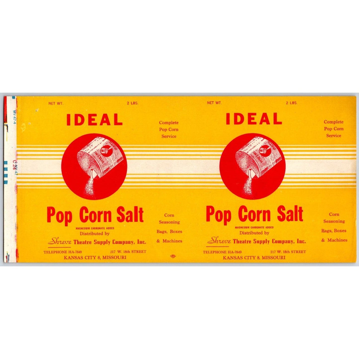 Ideal Pop Corn Salt Paper Label 1947-48 Shreve Theatre Supply K.C. / MISS Scarce