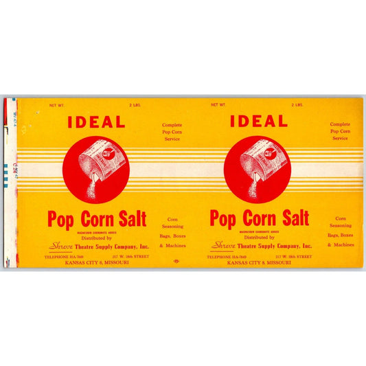 Ideal Pop Corn Salt Paper Label 1947-48 Shreve Theatre Supply K.C. / MISS Scarce