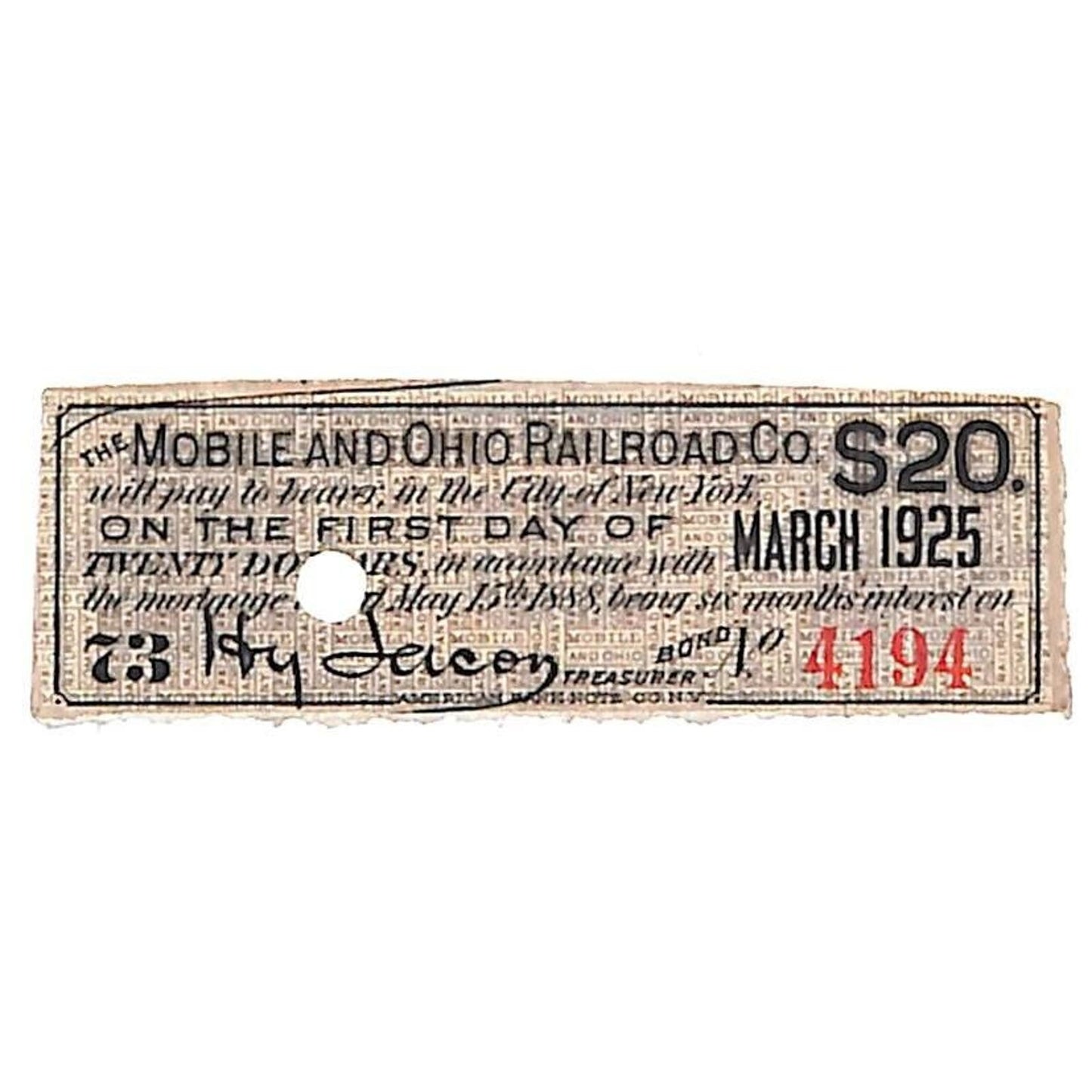 1888 Mobile and Ohio Railroad Small $20 Bond Certificate Coupon Due 1925 #4194