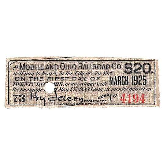 1888 Mobile and Ohio Railroad Small $20 Bond Certificate Coupon Due 1925 #4194