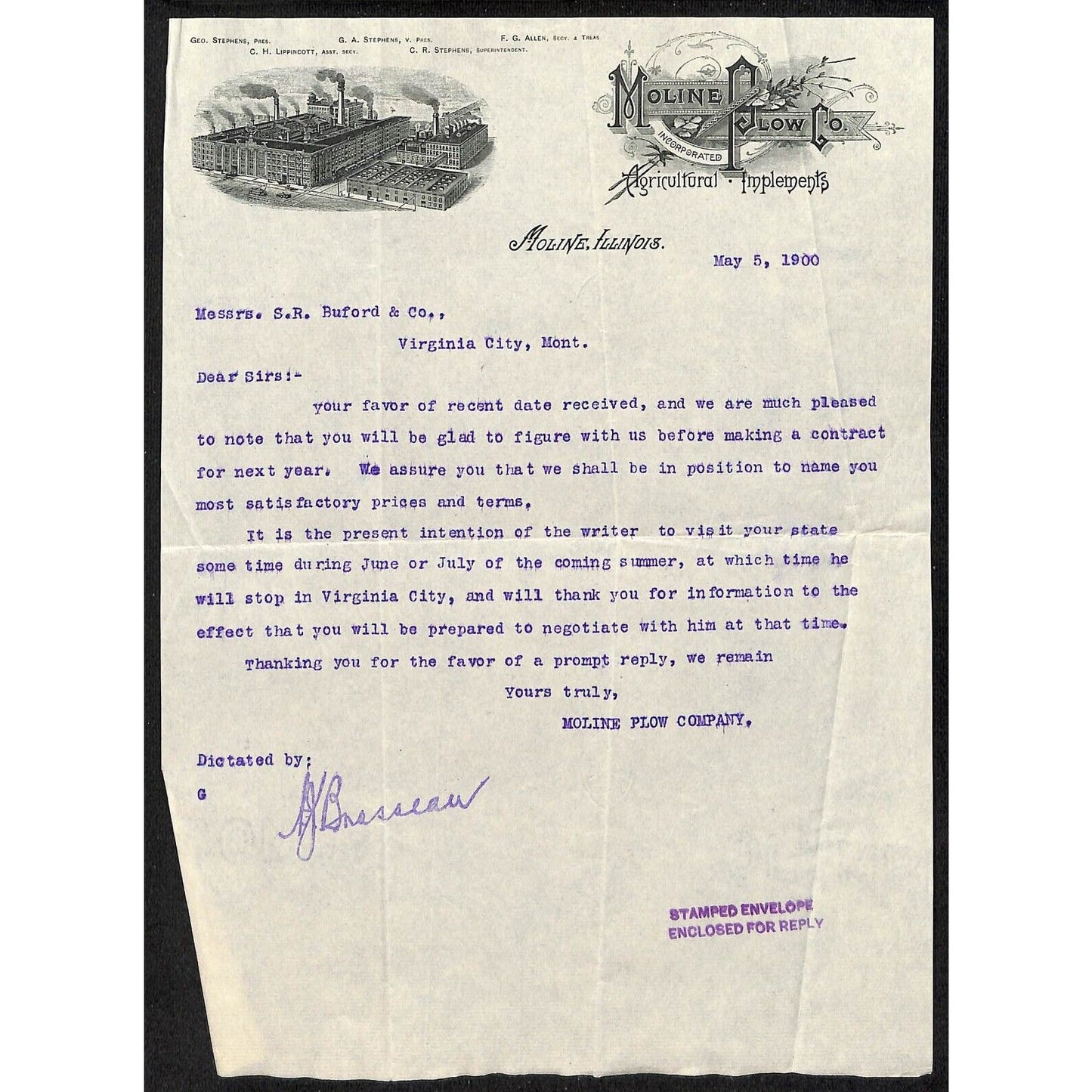 Moline Plow Co. Agricultural Implements 1900 Letterhead Vignette Buford*