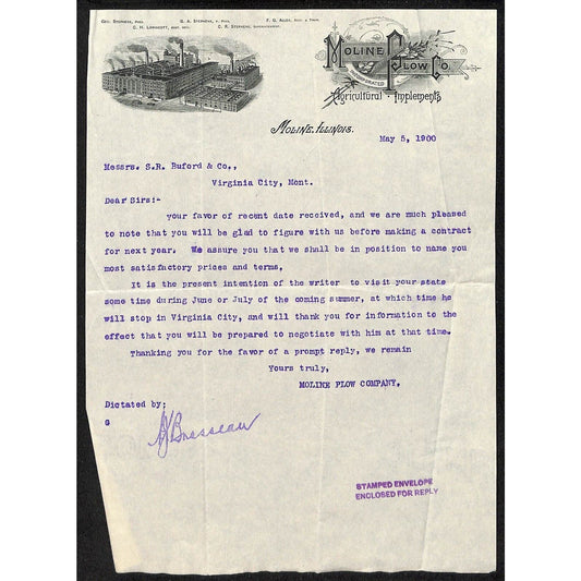 Moline Plow Co. Agricultural Implements 1900 Letterhead Vignette Buford*