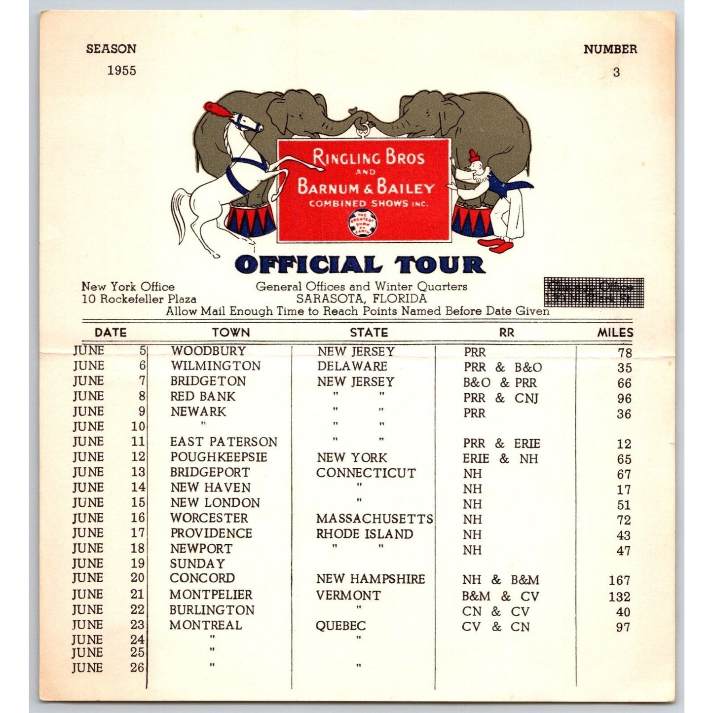1955 Ringling Bros Barnum Bailey Circus Route Card Woodbury Bridgeton Red Bank
