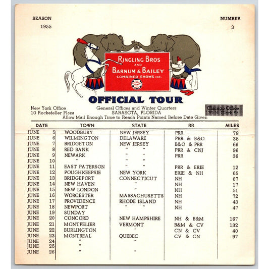 1955 Ringling Bros Barnum Bailey Circus Route Card Woodbury Bridgeton Red Bank