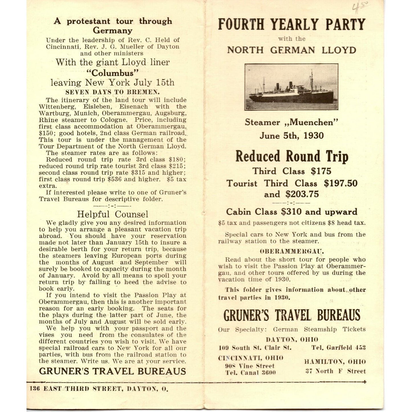 1930 North German Lloyd Single Sheet Cruise Line Reduced Prices Single Sheet