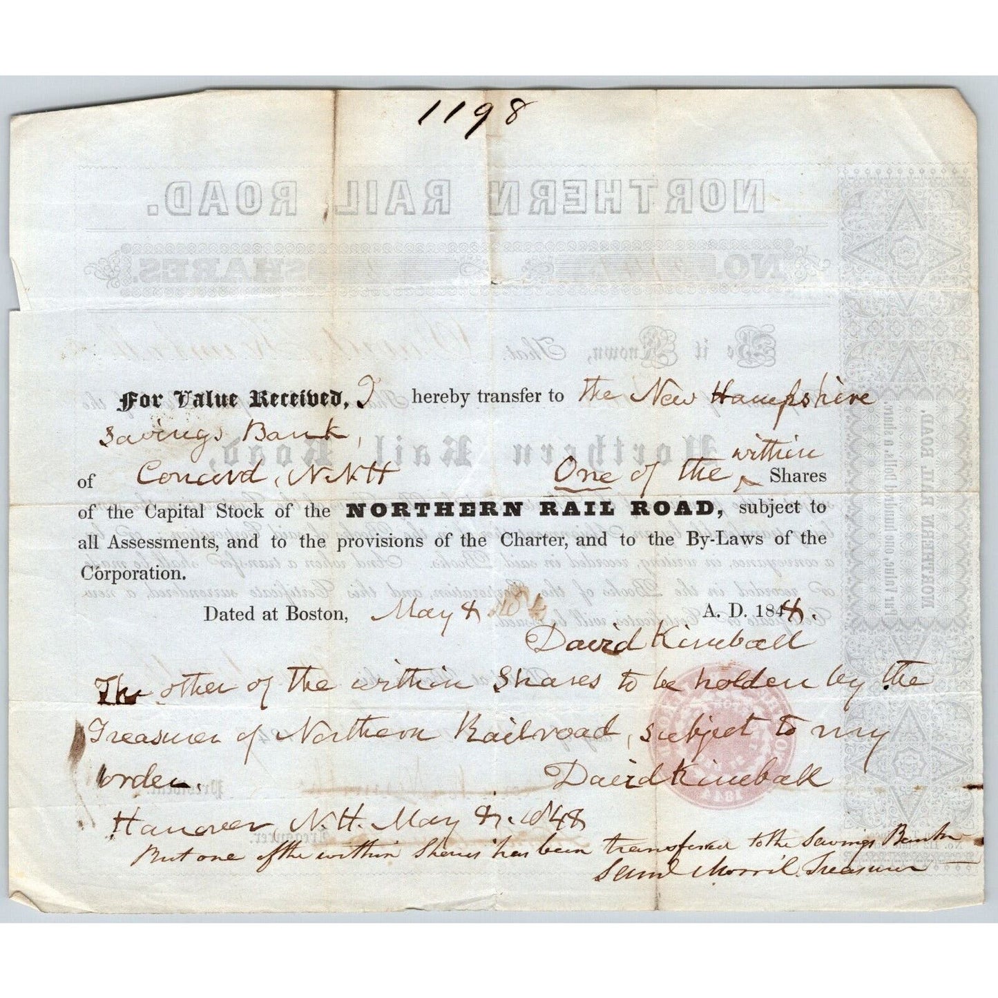 1847 Boston, MA Northern Railroad Stock Certificate No. 2146 for 2 Shares