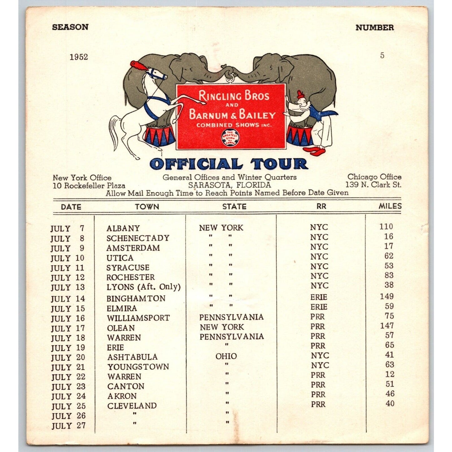 1952 Ringling Bros Barnum Bailey Circus Route Card Albany Utica Syracuse Elmira