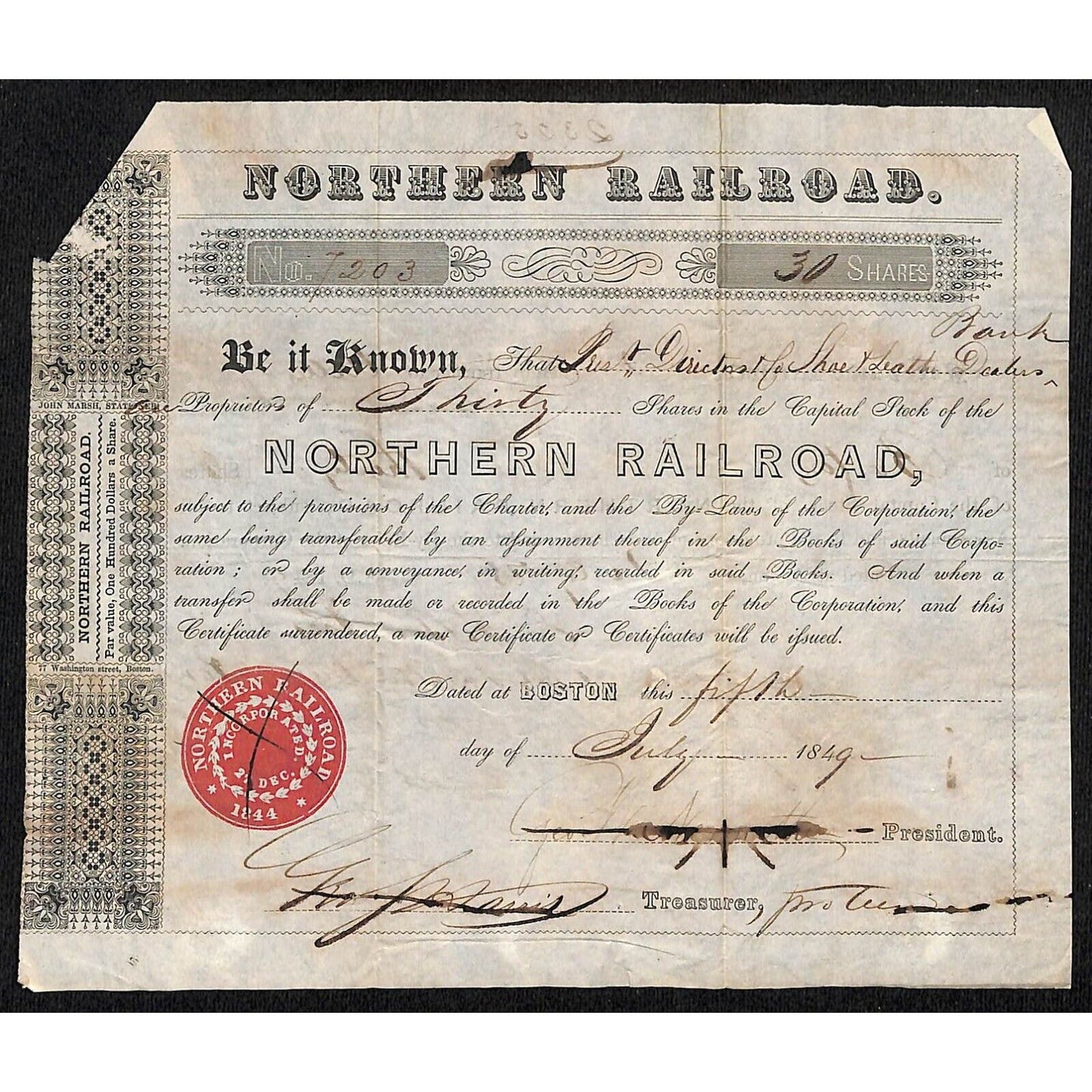 1849 Boston, MA Northern Railroad Stock Certificate No. 7203 for 30 Shares