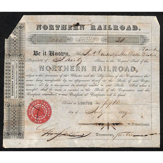 1849 Boston, MA Northern Railroad Stock Certificate No. 7203 for 30 Shares