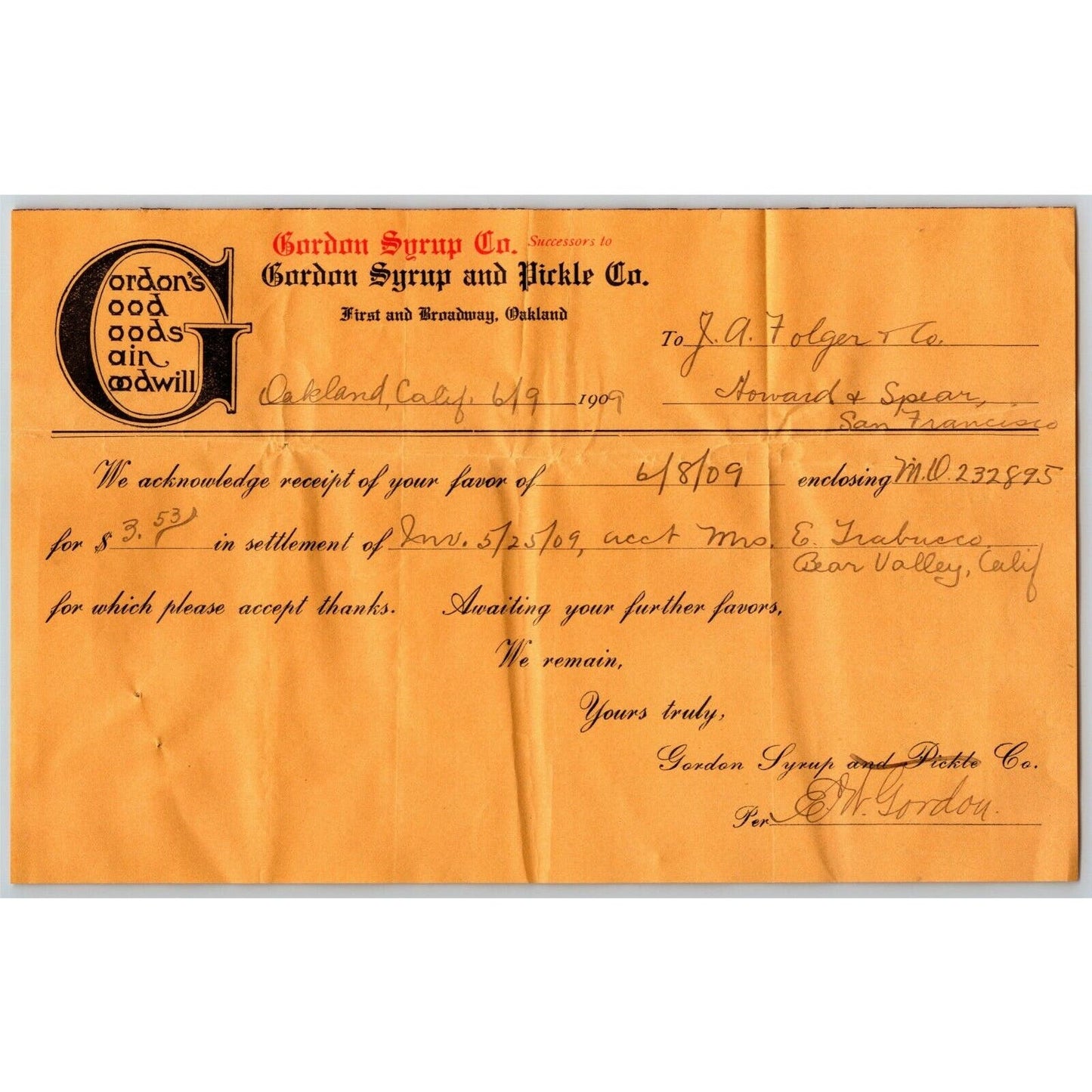 1909 Gordon Syrup & Pickle Co. Payment Receipt to J.A. Folger (Coffee)