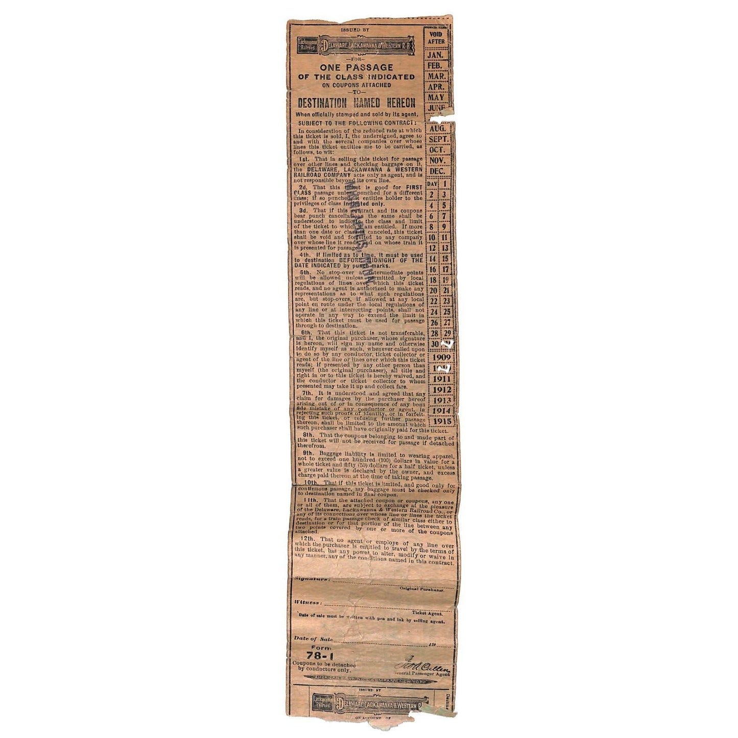 Delaware Lackawanna & Western Railroad Ticket 1910 to Minneapolis 11"L