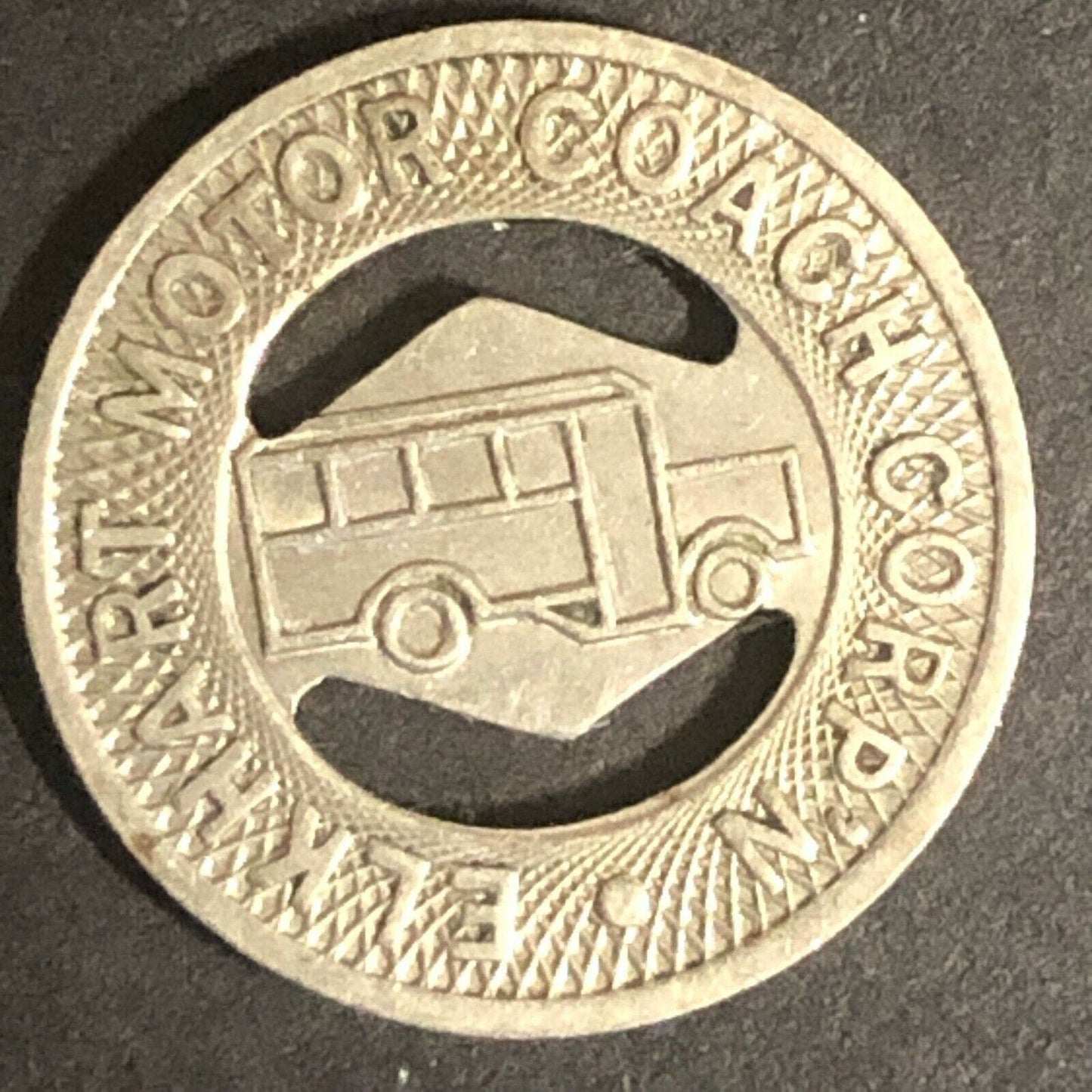 c1945 16mm Elkhart Motor Coach Corp Brass G/F One Fare Token Indiana