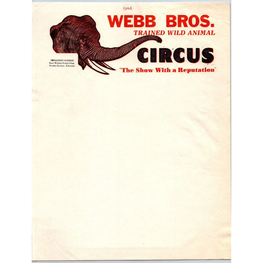 Webb Bros. Trained Wild Animal Circus Letterhead c1946 Elephant Scarce