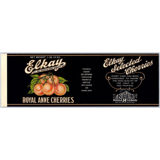 Elkay Royal Anne Cherries Paper Can Label L. Klein Halsted c1920's Scarce