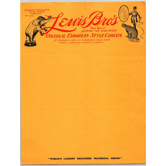 Lewis Bros. Collosal European Style Circus Letterhead c1933 Scarce